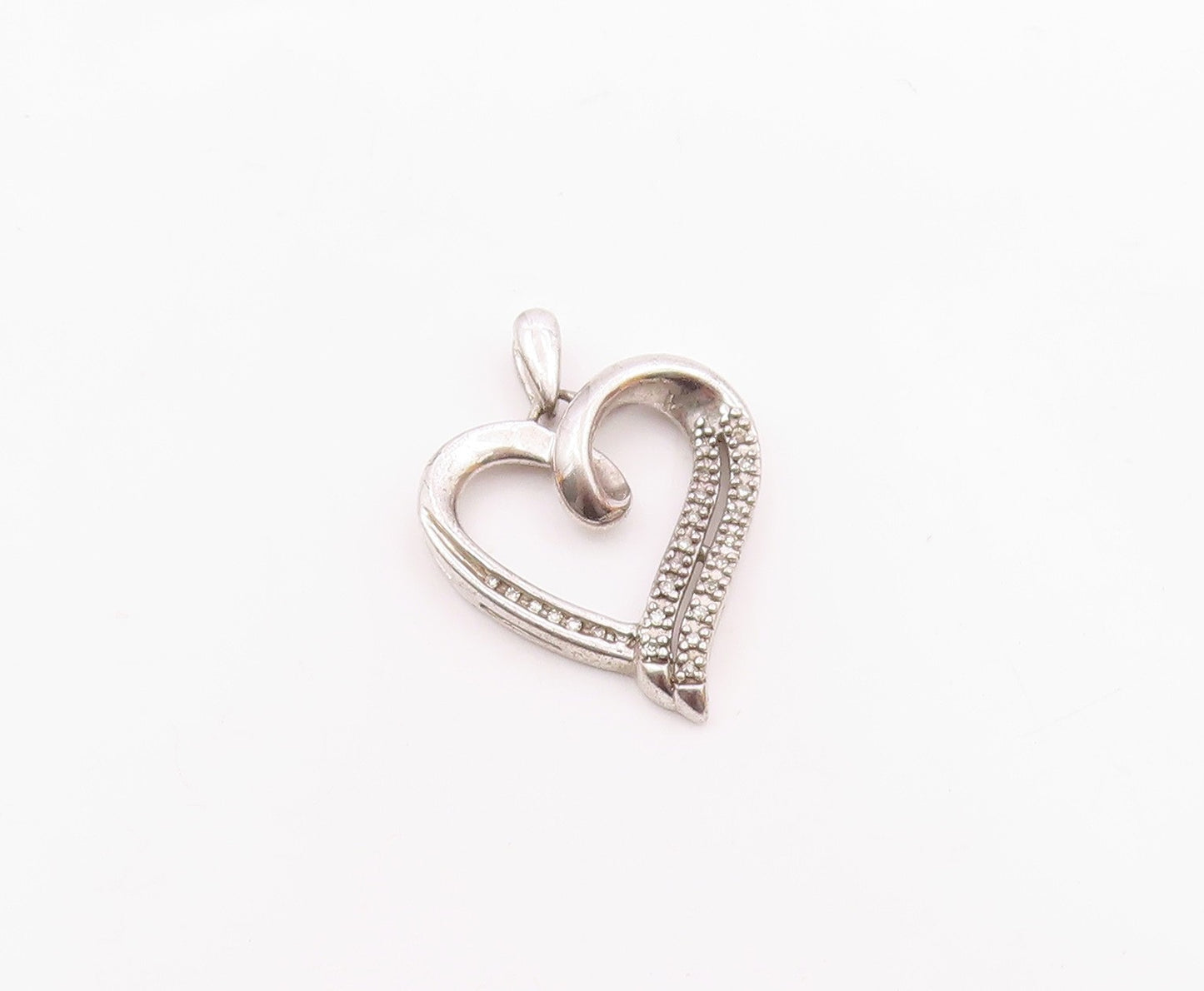 925 Sterling Silver  Vintage Genuine Diamonds Open Love Heart Pendant  PT19467