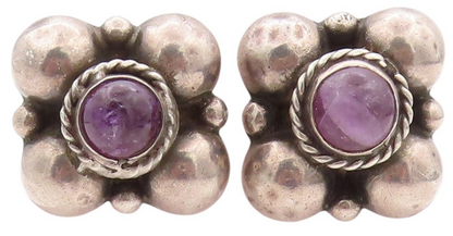 925 Sterling Silver Vintage Earrings MEXICO Antique Amethyst Flower  EG13580