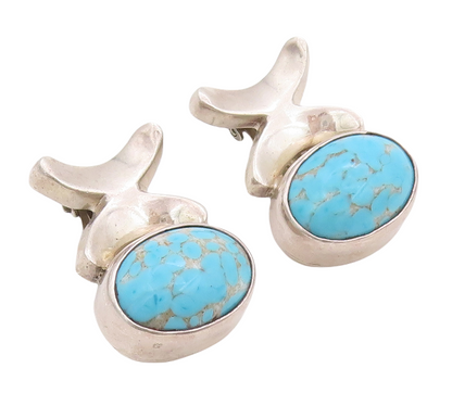 925 Sterling Silver Vintage Earrings Solid Cutout X & Oval Turquoise  EG13194