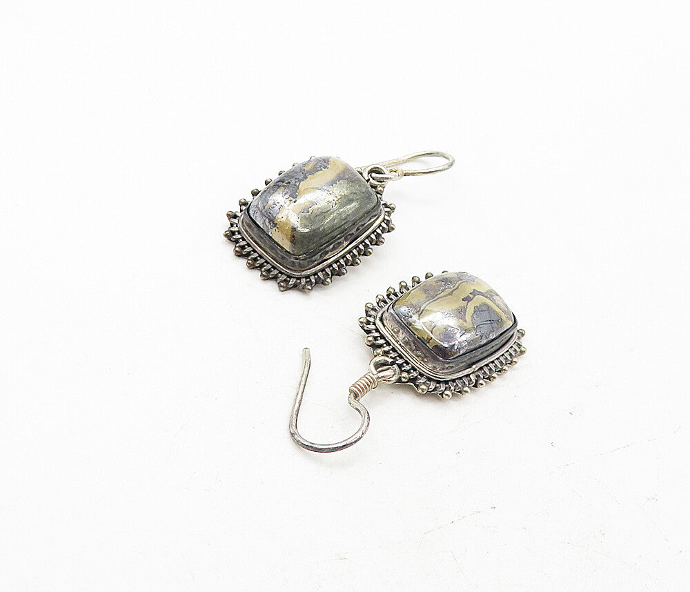 925 Sterling Silver  Vintage Cabochon Cut Hematite Dangle Earrings  EG3907