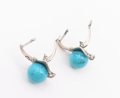 925 Sterling Silver Vintage Earrings Turquoise Geometric Openwork Drop  EG14217