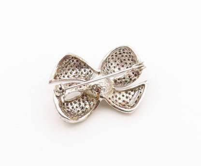 925 Sterling Silver  Vintage Pearl & Topaz Bow Tied Ribbon Brooch Pin  BP8545