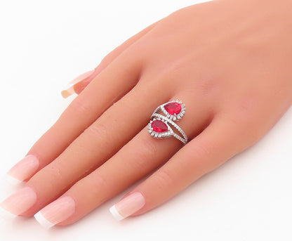 925 Sterling Silver Vintage Ring Designer Red & White CZ Bypass  Sz 6  RG30378