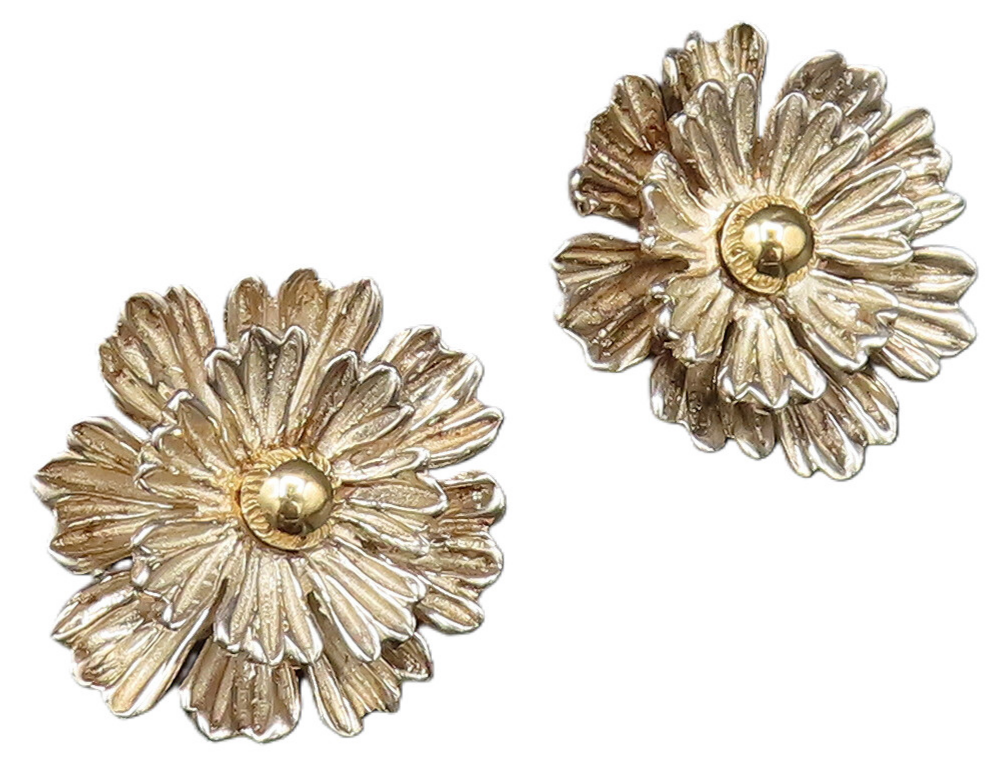 ESPO SIG 14K GOLD & 925 Silver Vintage Chrysanthemum Clip Earrings EG12188