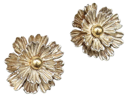 ESPO SIG 14K GOLD & 925 Silver Vintage Chrysanthemum Clip Earrings EG12188