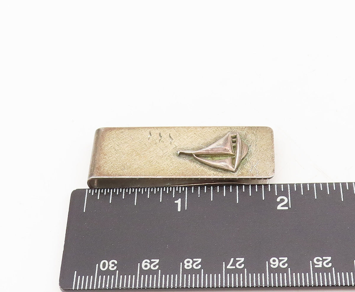 B.A.B 925 Silver  Vintage Minimalist Carved Sailing Ship Tie Clip  TR3666