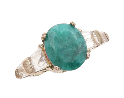 925 Sterling Silver Vintage Ring Oval Cut Emerald & Topaz Inlay  Sz 7  RG29210