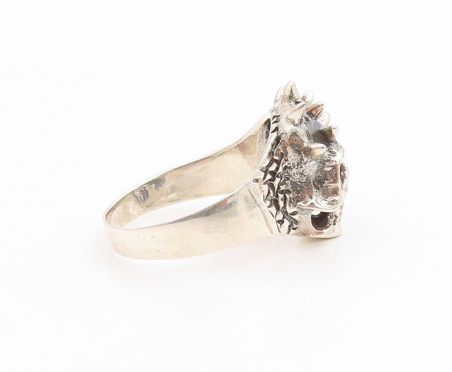 925 Sterling Silver Vintage Ring Carved Gothic Spiky Skull Band  Sz 15  RG36033