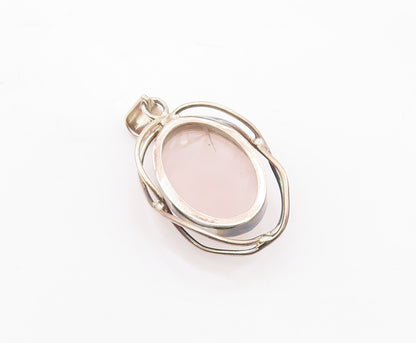MEXICO 925 Sterling Silver  Vintage Cabochon Cut Rose Quartz Pendant  PT18716