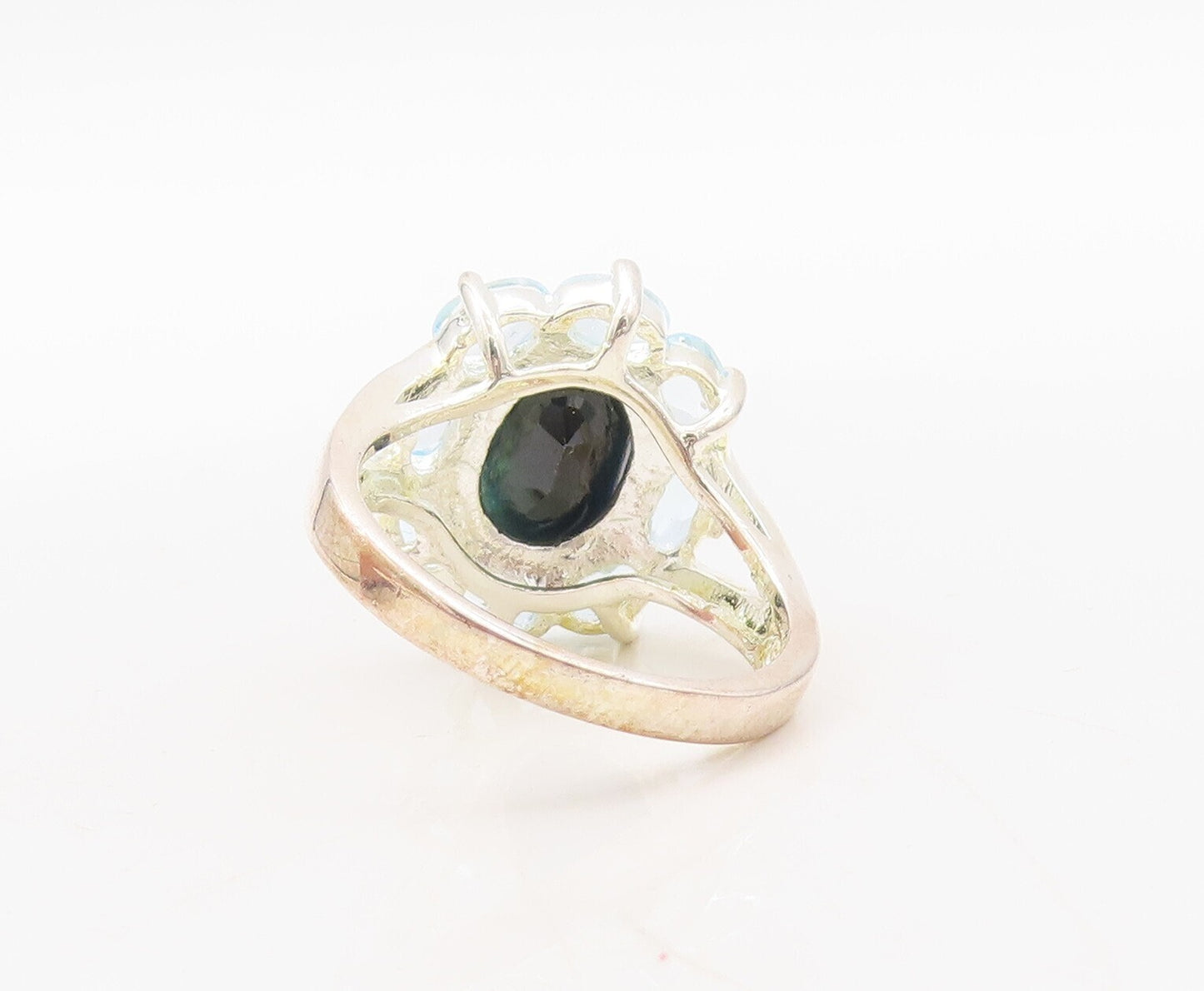 925 Sterling Silver Vintage Ring Oval Onyx Halo Blue Topaz Flower  Sz 7 RG31122