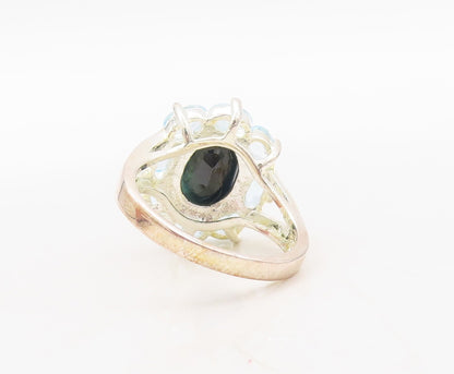 925 Sterling Silver Vintage Ring Oval Onyx Halo Blue Topaz Flower  Sz 7 RG31122
