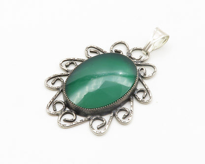 925 Sterling Silver  Vintage Green Carnelian Floral Swirl Pendant  PT11492