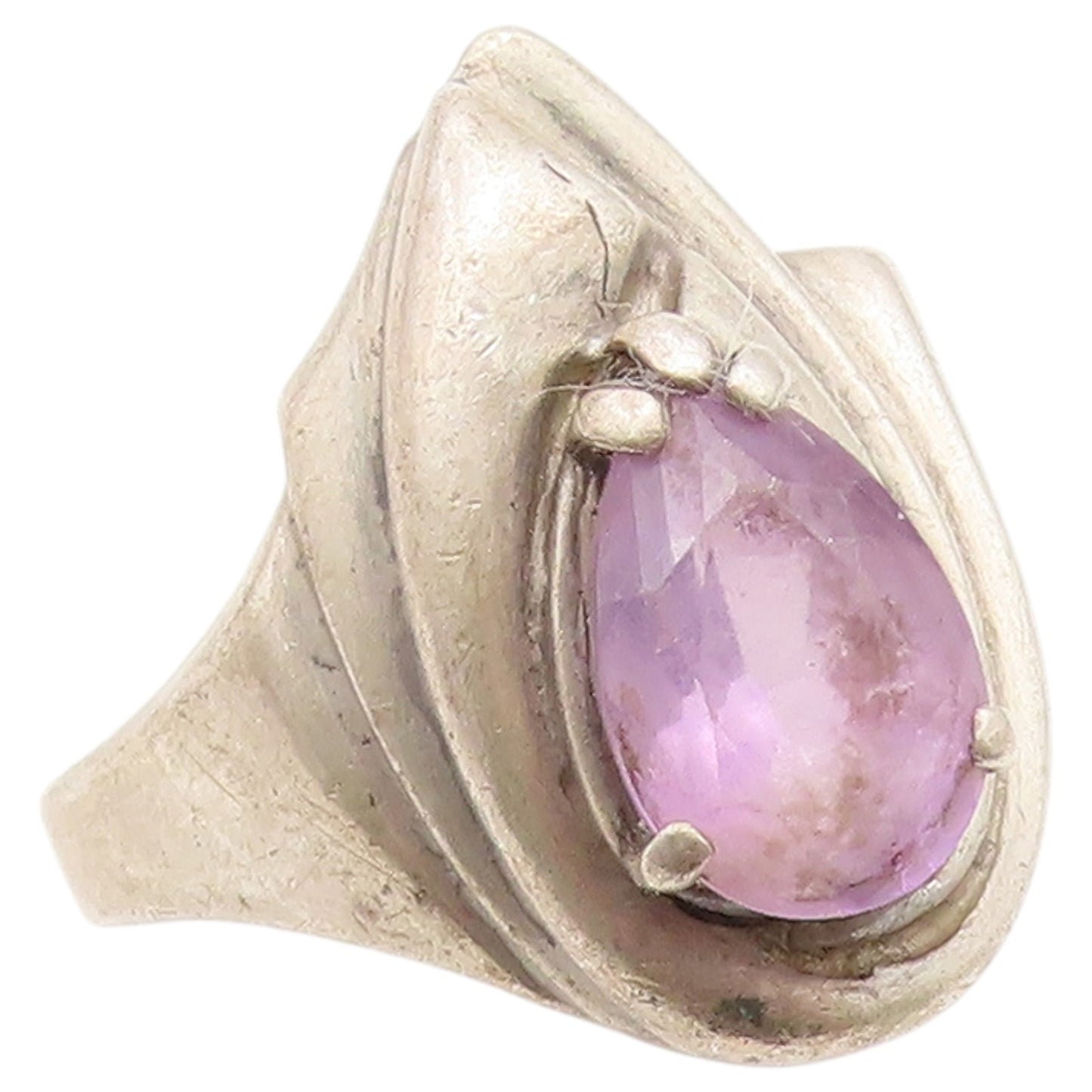 925 Sterling Silver Vintage Ring Pear Cut Amethyst Ribbed Band  Sz 10  RG36705