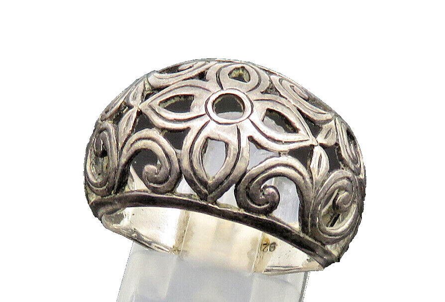 925 Sterling Silver  Vintage Dark Tone Floral Swirl Band Ring Sz 8  RG20307