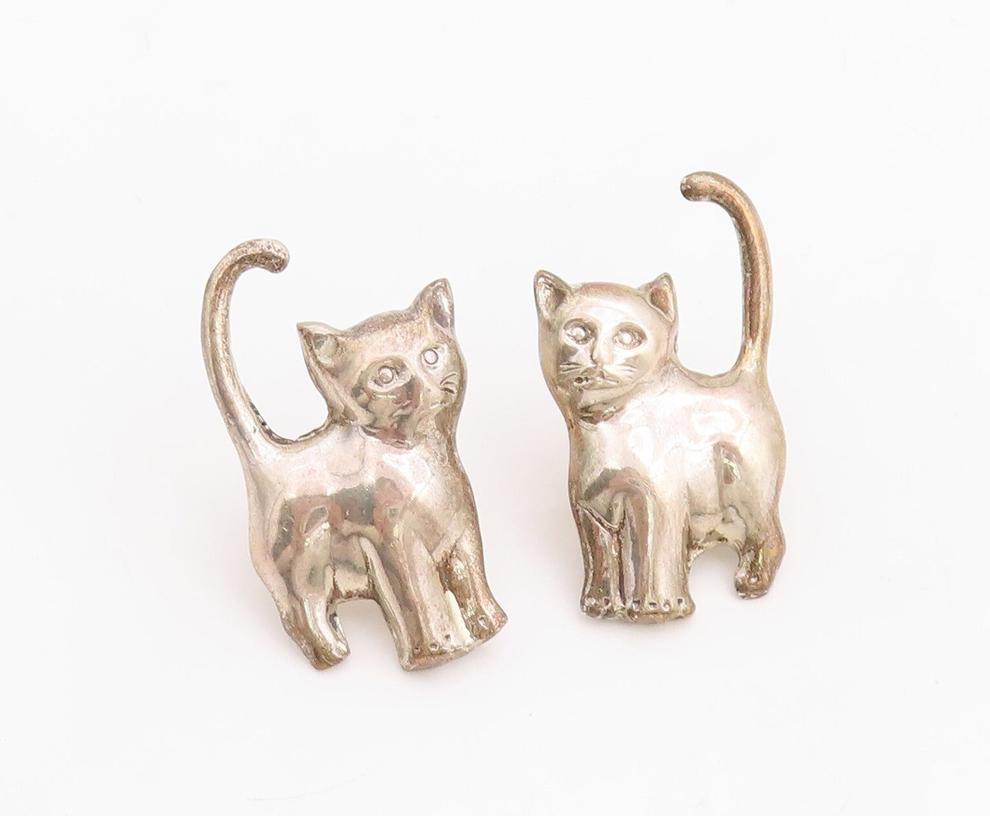925 Sterling Silver Vintage Earrings Solid Carved Shiny Cats  EG13260