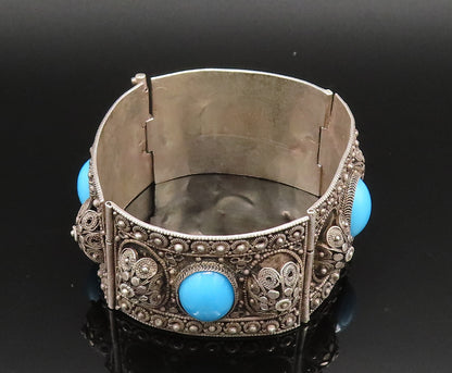 ISRAEL 925 Silver  Vintage 3D Spiral Floral Turquoise Link Bracelet  BT9577