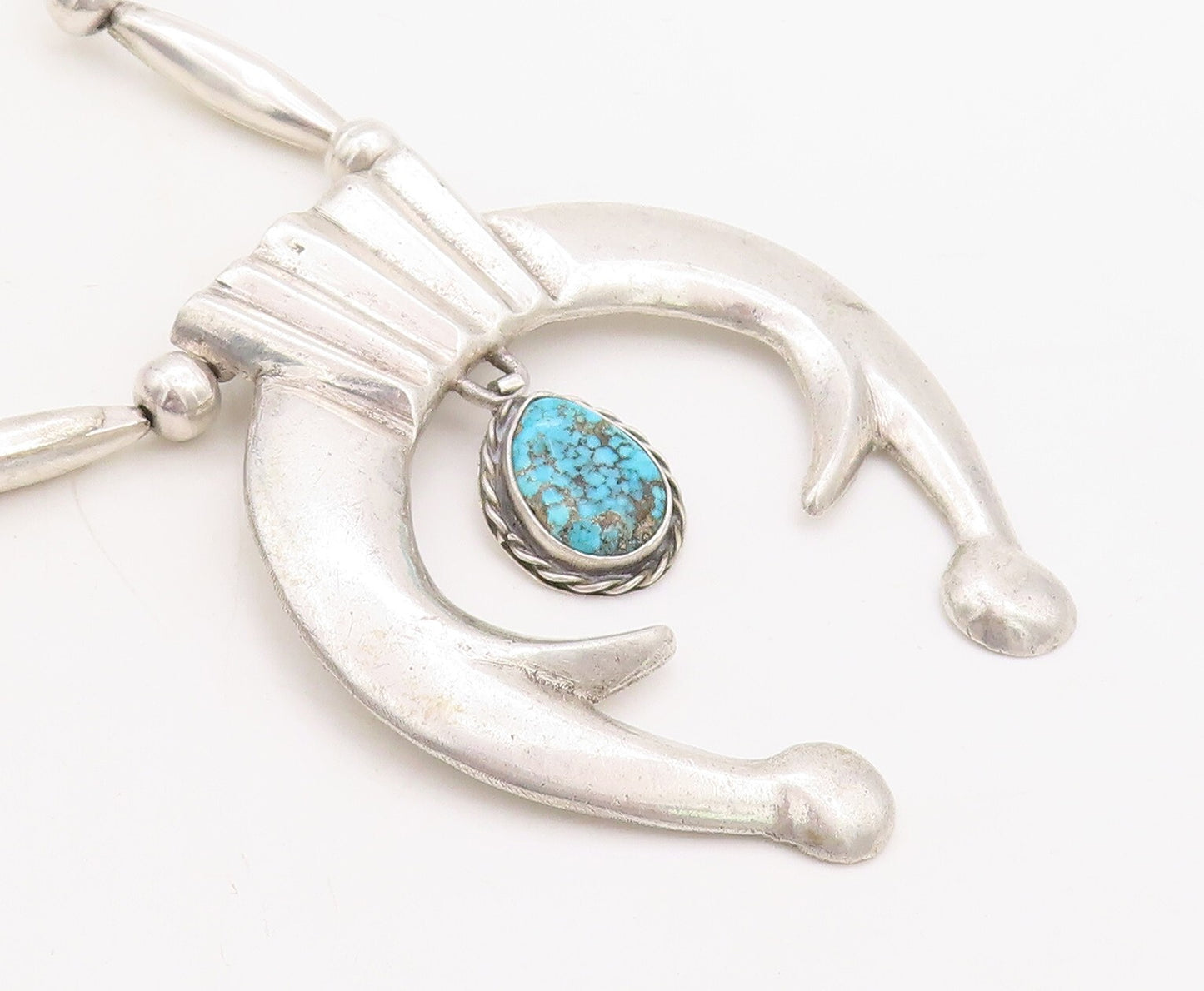 925 Sterling Silver Vintage Necklace NAVAJO ZUNI Large Carved Turquoise  NE4366