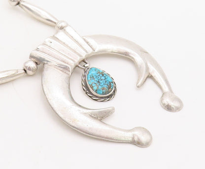 925 Sterling Silver Vintage Necklace NAVAJO ZUNI Large Carved Turquoise  NE4366