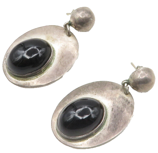 MEXICO 925 Sterling Silver  Vintage Black Onyx Oval Dangle Earrings  EG8801