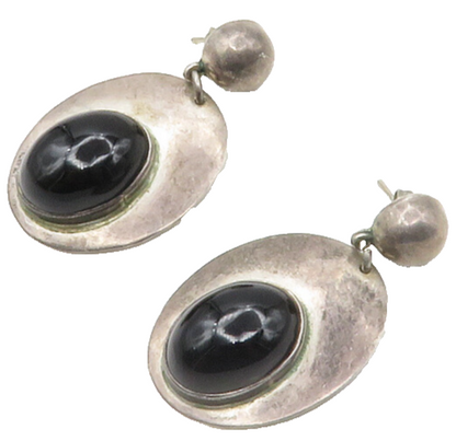 MEXICO 925 Sterling Silver  Vintage Black Onyx Oval Dangle Earrings  EG8801