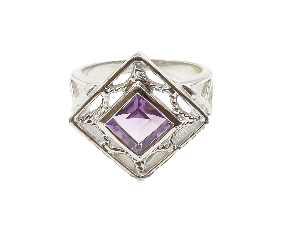 925 Sterling Silver  Amethyst Open Square Shiny Cocktail Ring Sz 7  RG10354