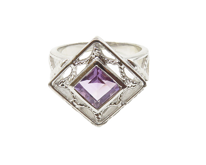 925 Sterling Silver  Amethyst Open Square Shiny Cocktail Ring Sz 7  RG10354