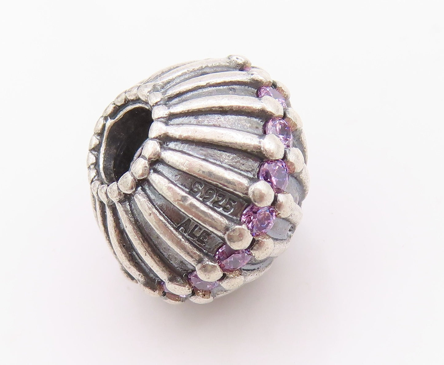 925 Sterling Silver Vintage Pendant PANDORA Amethyst Inlay Etched Sphere PT24548