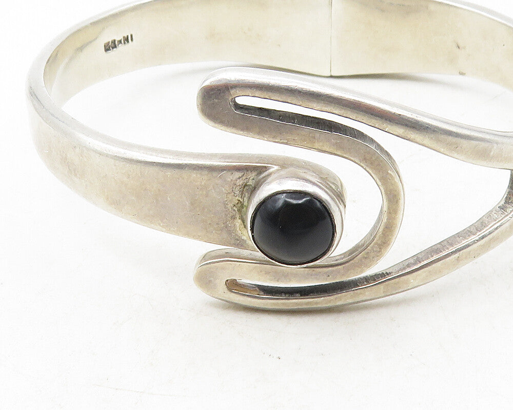 MEXICO 925 Silver  Vintage Cabochon Black Onyx Hinge Bangle Bracelet  BT4181