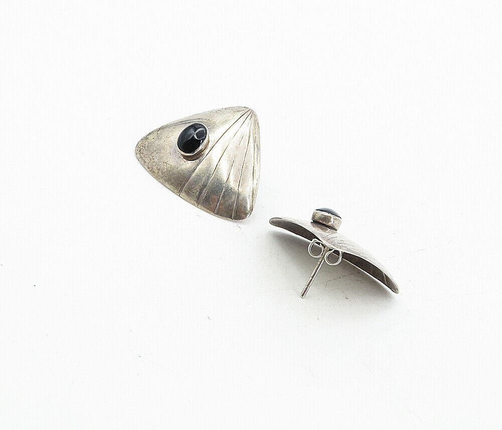 925 Sterling Silver Vintage Cabochon Cut Black Onyx Drop Earrings EG4149