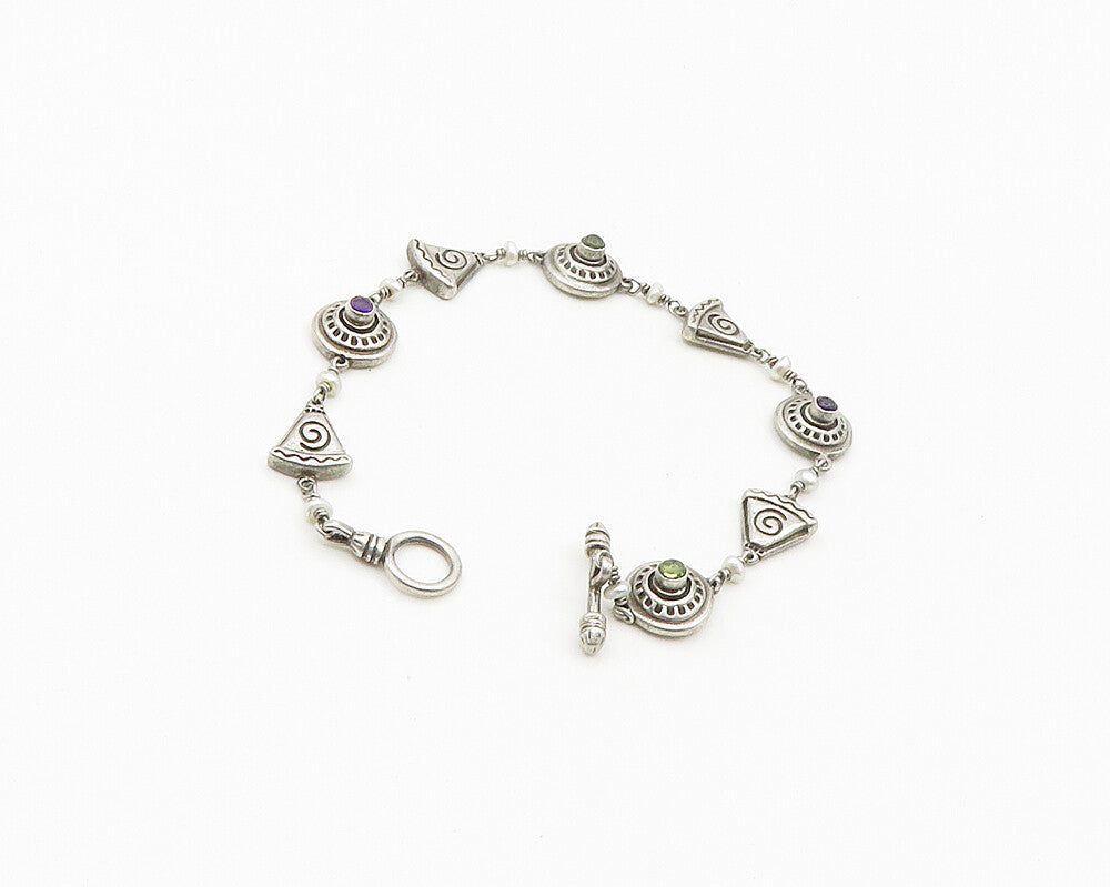 MWD 925 Silver  Vintage Peridot Amethyst & Petite Pearls Chain Bracelet BT7106