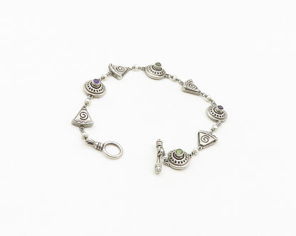 MWD 925 Silver  Vintage Peridot Amethyst & Petite Pearls Chain Bracelet BT7106