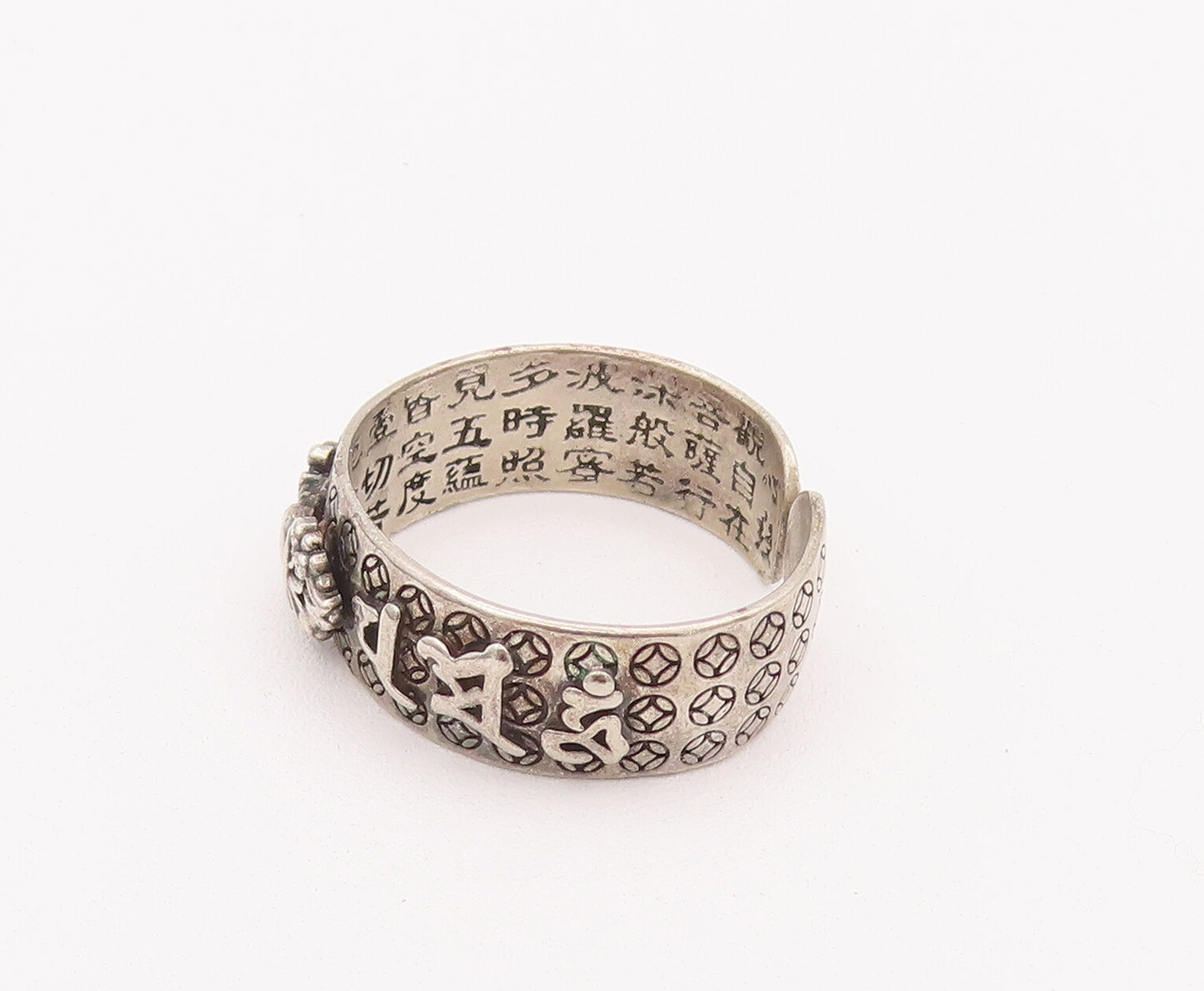 925 Sterling Silver Vintage Ring CHINESE Export Carved Adjustable Sz 12 RG28036