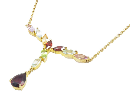 925 Sterling Silver Garnet & Multi Stone Gold Plated Chain Necklace NE1954