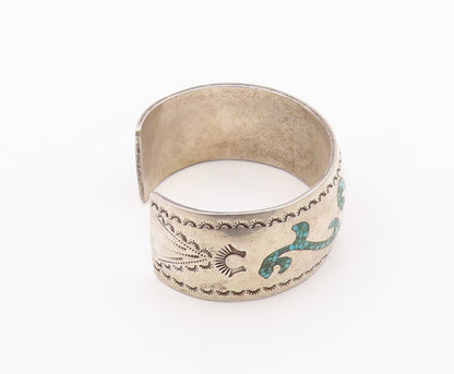925 Sterling Silver Vintage Bracelet NAVAJO ZUNI Crushed Turquoise Cuff  BT12097
