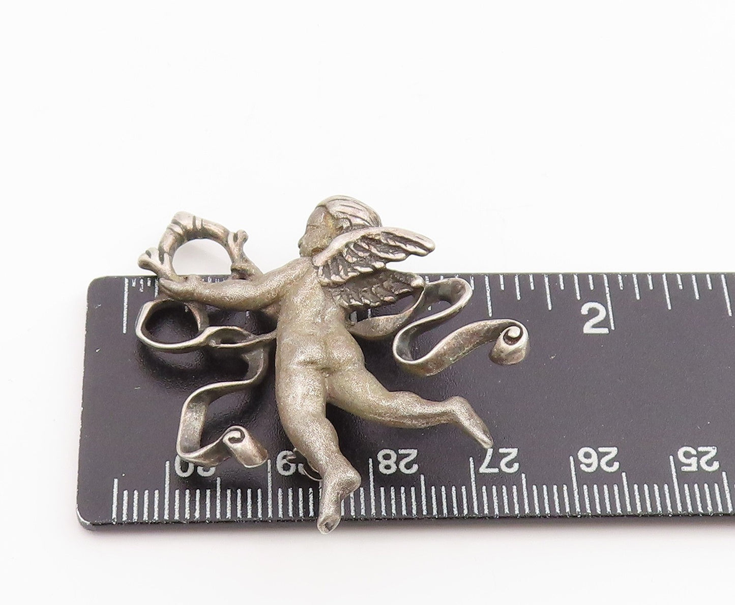 925 Sterling Silver Vintage Brooch Winged Cherub With Swirling Ribbons   BP11984
