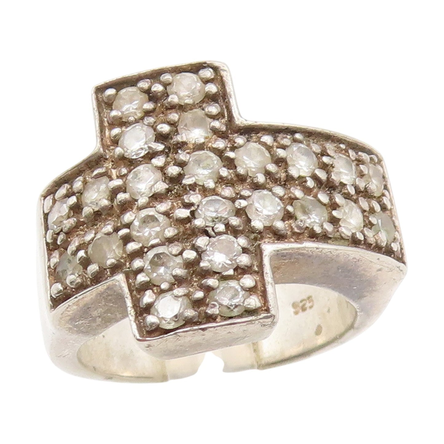 925 Sterling Silver Vintage Ring Round CZ Religious Cross Band  Sz 9.5  RG34336