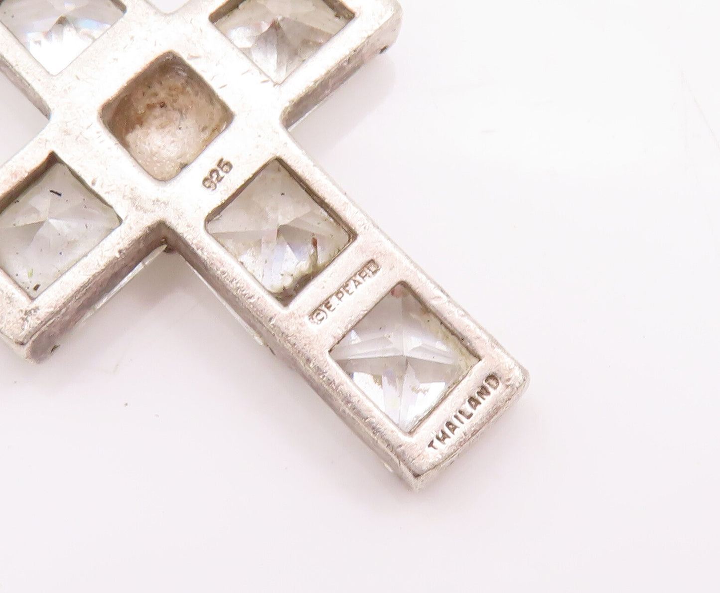 925 Sterling Silver Vintage Pendant Checked Pattern Square Cut CZ Cross  PT23001