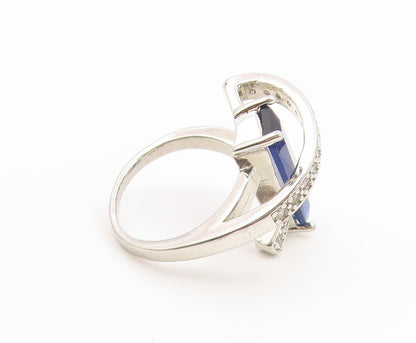 925 Sterling Silver Vintage Ring Modernist Sapphire & CZ Wrap  Sz 7  RG36936