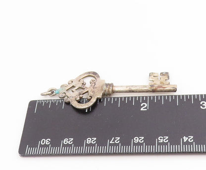 925 Sterling Silver Vintage Pendant Large Cutout Crown Key Design Charm  PT25617