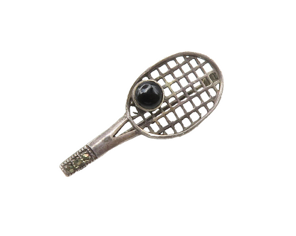 925 Sterling Silver  Vintage Black Onyx Tennis Racket Motif Brooch Pin  BP5740