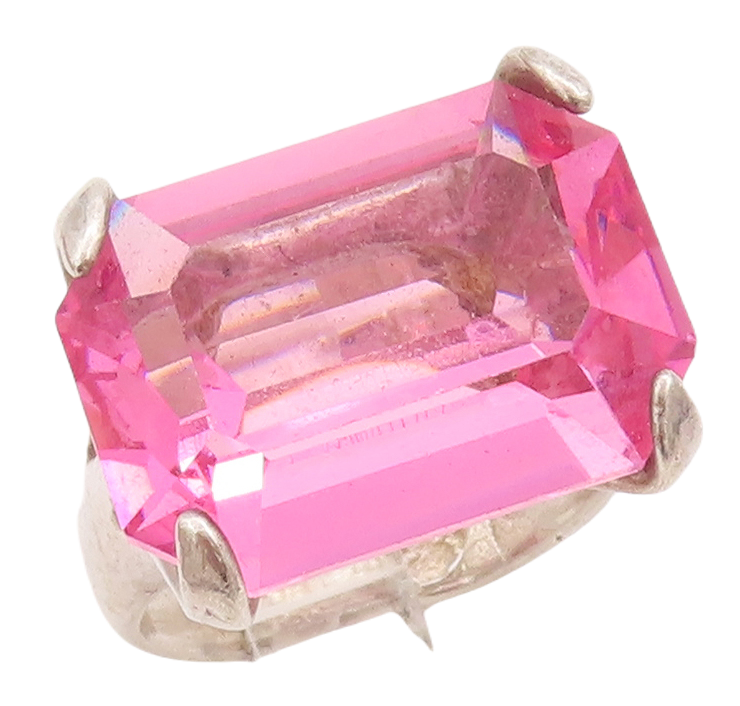 925 Sterling Silver Vintage Ring Large Rectangle Cut Pink CZ  Sz 5.5  RG28305