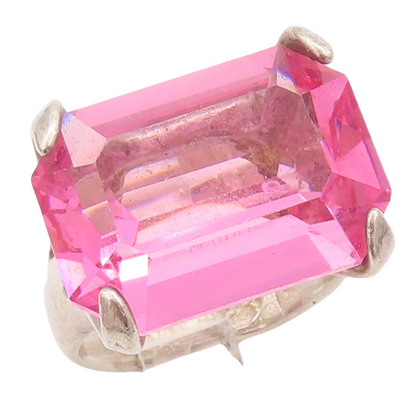 925 Sterling Silver Vintage Ring Large Rectangle Cut Pink CZ  Sz 5.5  RG28305