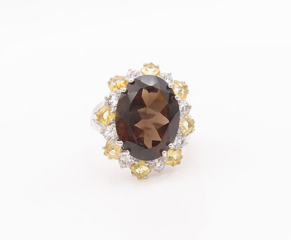 925 Sterling Silver Vintage Ring Smoky Quartz Citrine & Sapphire  Sz 7  RG29587