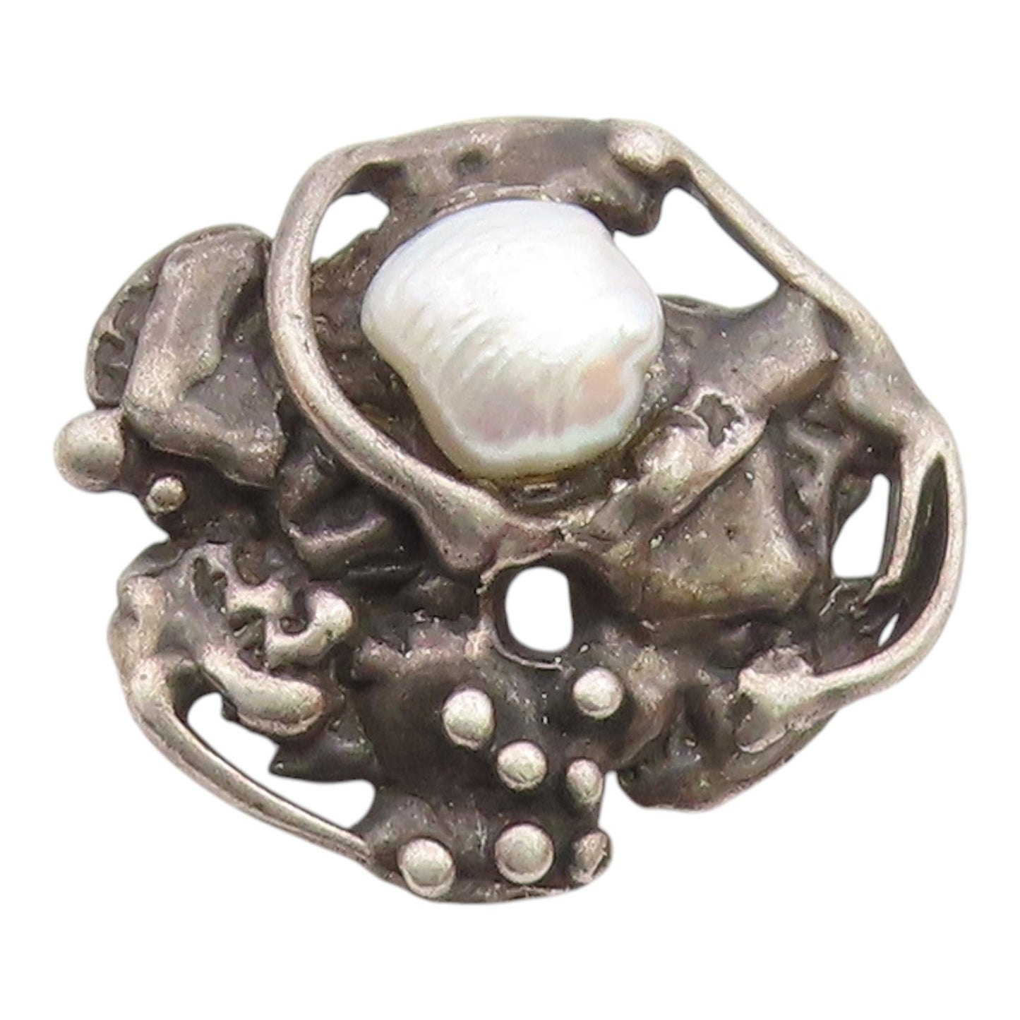 925 Sterling Silver  Vintage Shiny Pearl Brutalist Sculpted Brooch Pin  BP7831