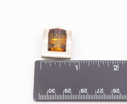 POLAND 925 Sterling Silver  Vintage Amber Shiny Square Frame Pendant  PT19834