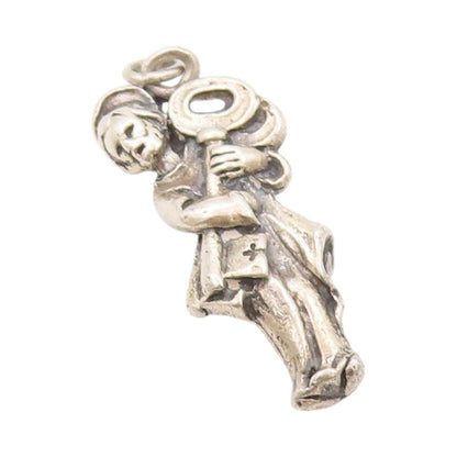 925 Sterling Silver Vintage Pendant Carved Girl Holding Key Of Life  PT24120