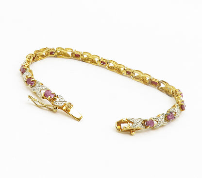 925 Sterling Silver  Genuine Diamonds & Ruby Shiny Chain Bracelet  BT5871