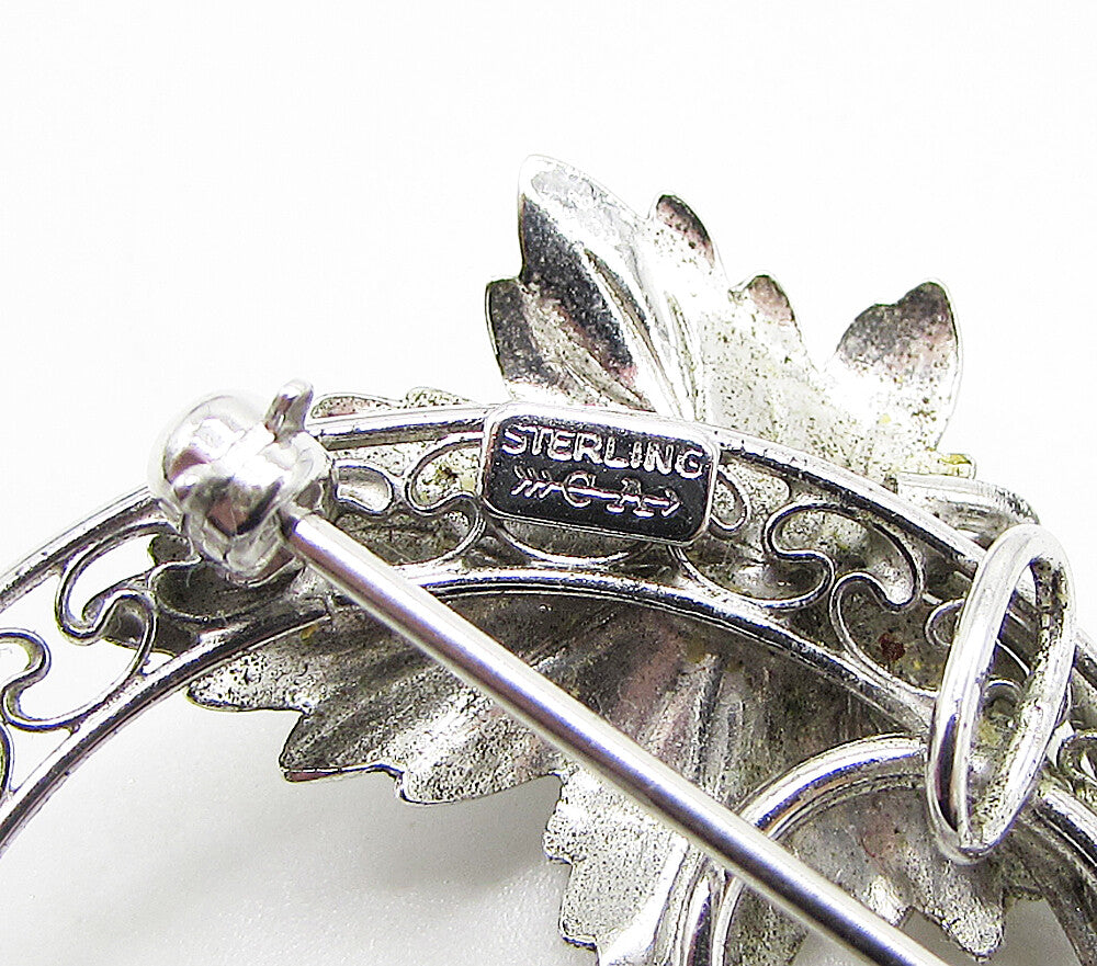 CARL ART 925 Silver  Vintage Blue & White Topaz Floral Leaf Brooch Pin  BP1051
