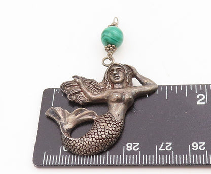 925 Sterling Silver Vintage Pendant Malachite Beaded Mermaid Locket  PT25371