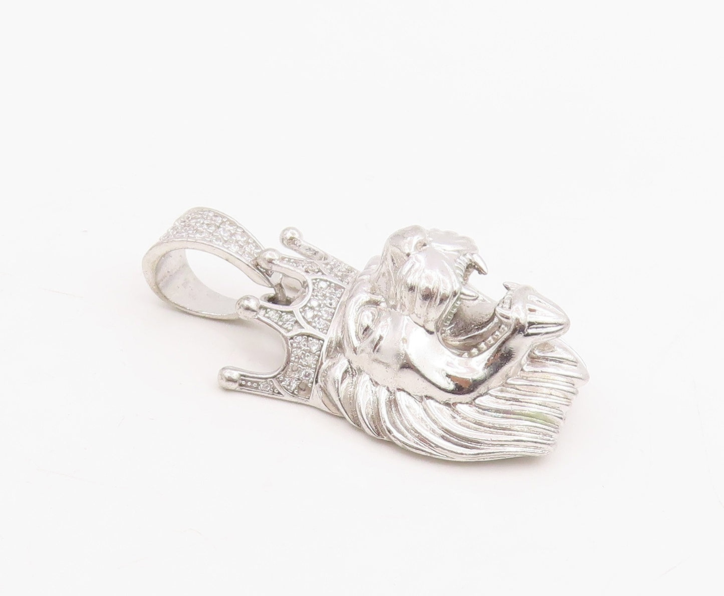 925 Sterling Silver Vintage Pendant CZ Crowned Roaring Lion King Charm  PT25737